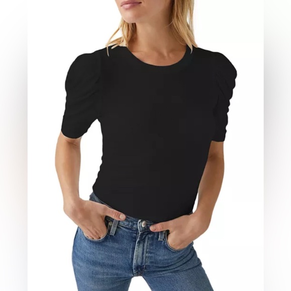 Michael Stars Andrea Ruched Sleeve Cropped Ribbed Top Black - Size L - Picture 1 of 7